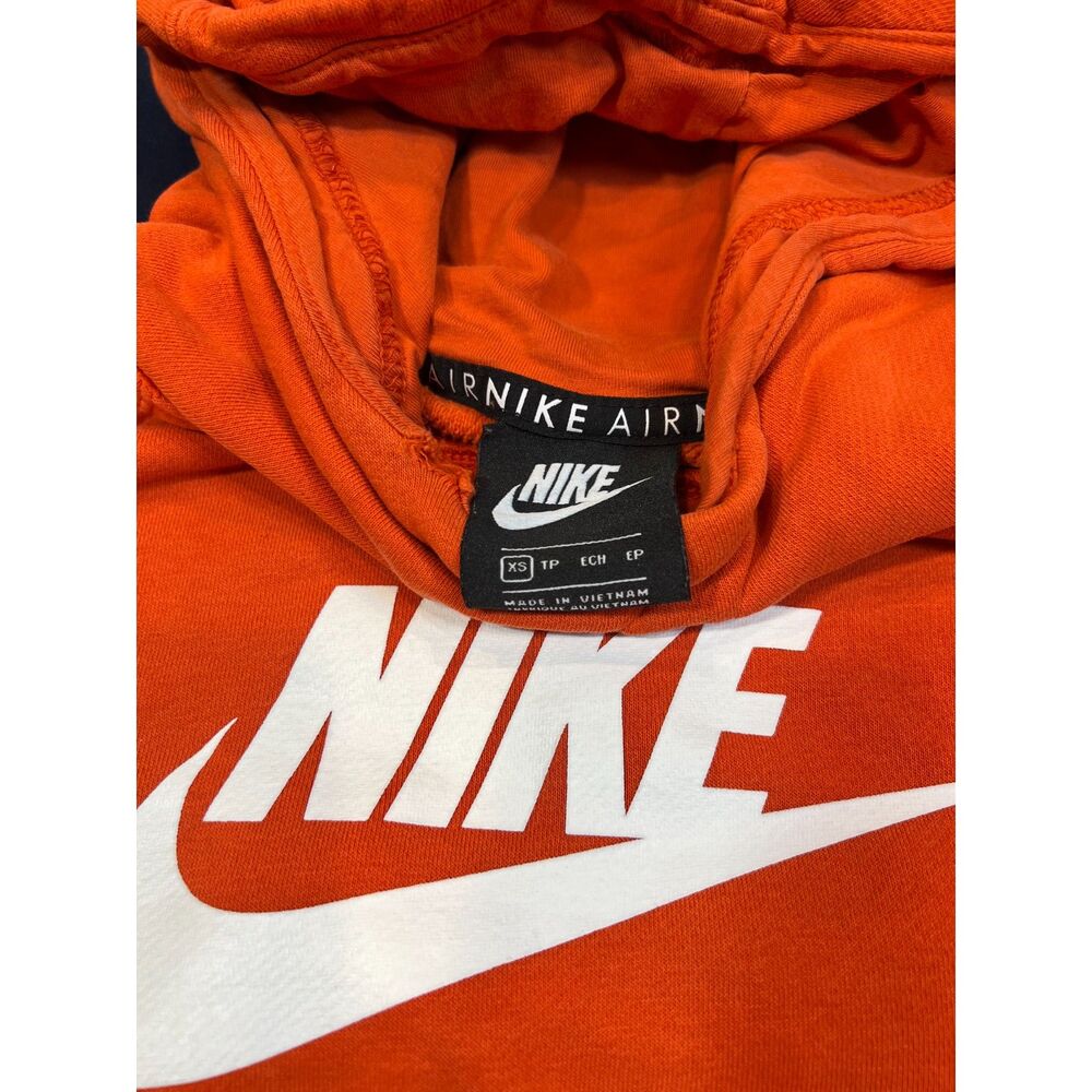 Nike Air Women’s XS Orange Pullover Hoodie Logo Tape Swoosh Sweatshirt